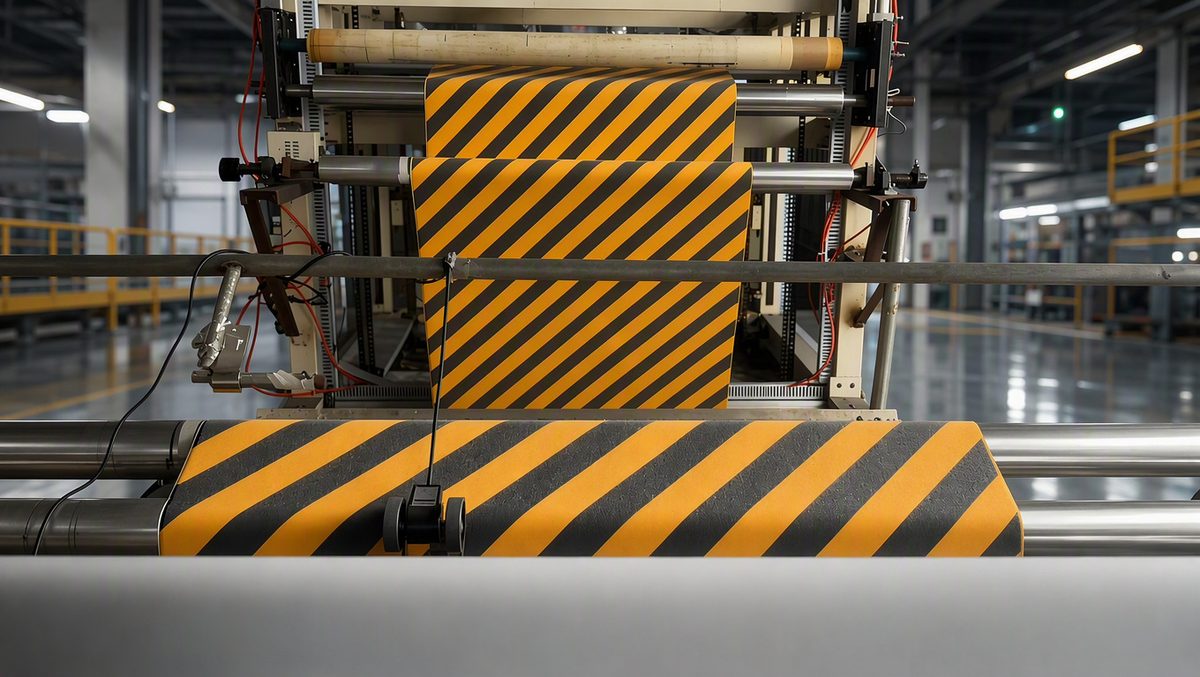 Black-yellow warning anti-slip tape being coated on Songyang production line in Houjie, Dongguan