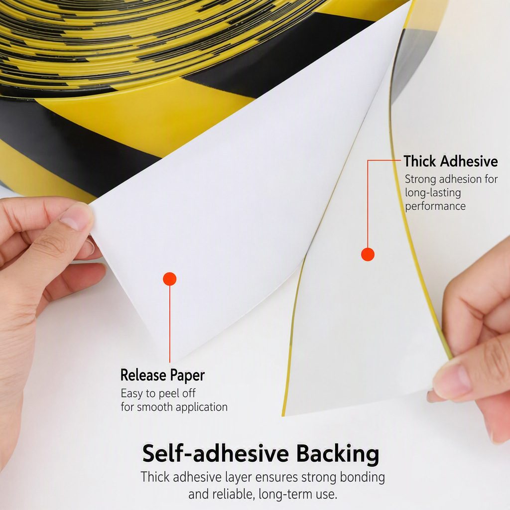 Release paper being peeled off 1.1 mm heavy-duty PVC floor marking tape, exposing the thick pressure-sensitive adhesive layer on the self-adhesive backing