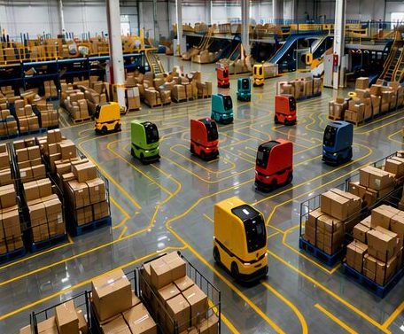AGV and AMR units following yellow floor marking routes through a logistics warehouse