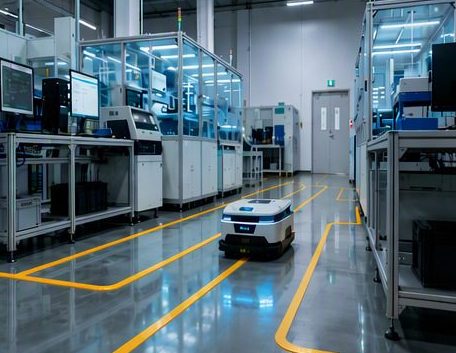 Floor marking lines through a production workshop, keeping marked routes clear of equipment