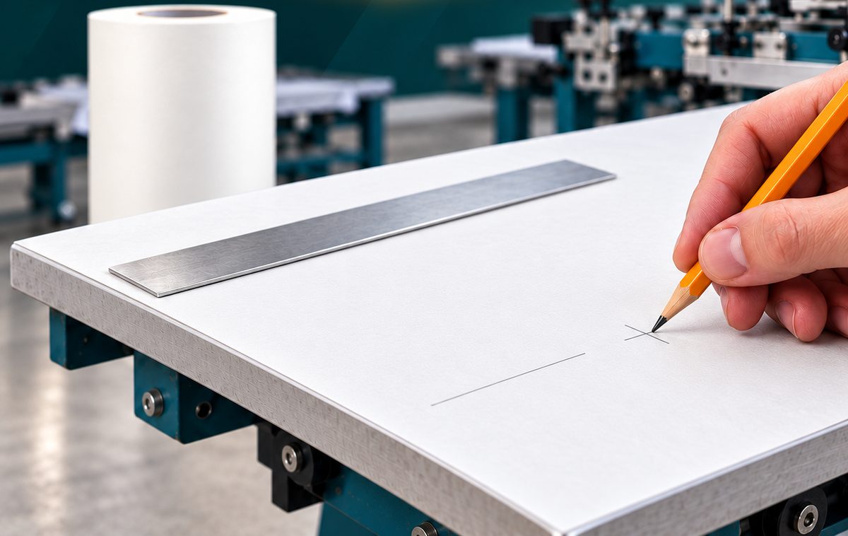 Pencil marking a centre line on paper platen tape over a printing platen