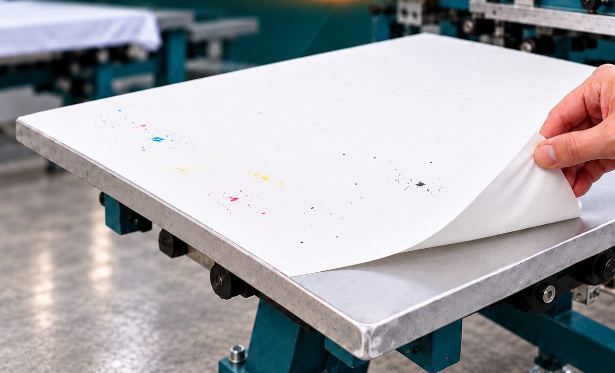 Paper platen tape applied to a screen printing platen with the corner being lifted