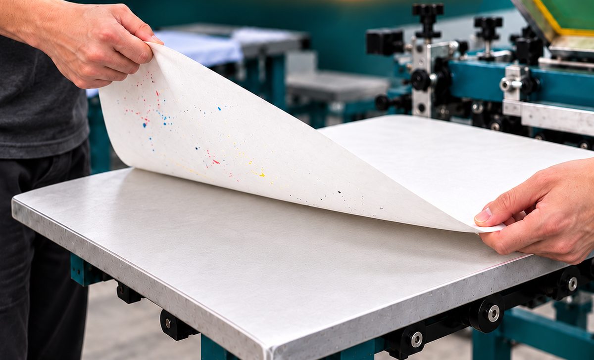 Peeling a used paper platen facing off a screen printing platen