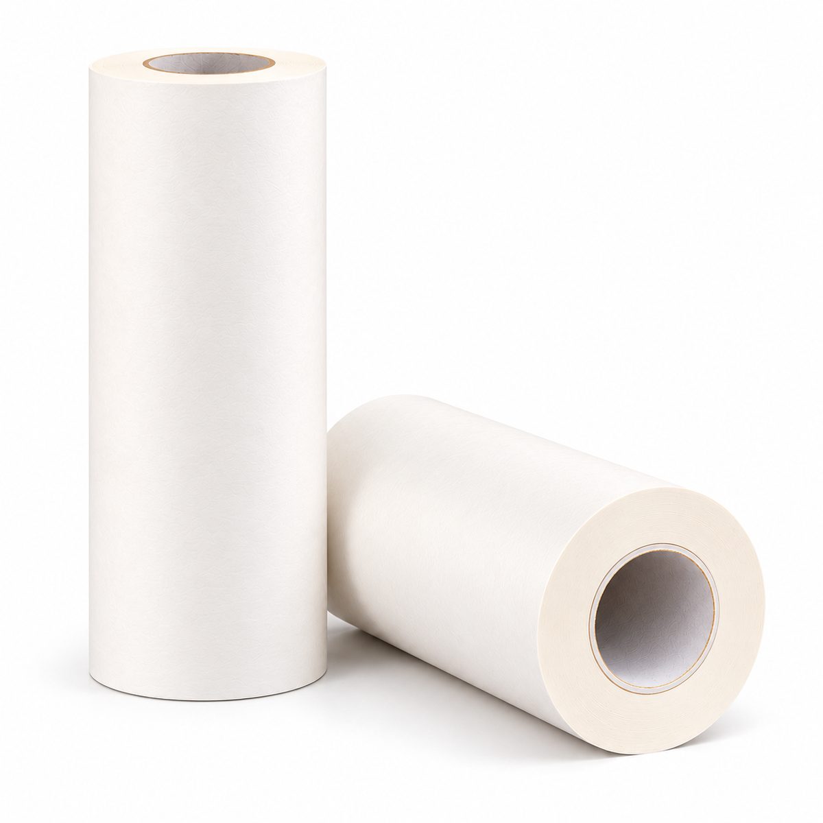 Two rolls of white paper platen tape on a white background