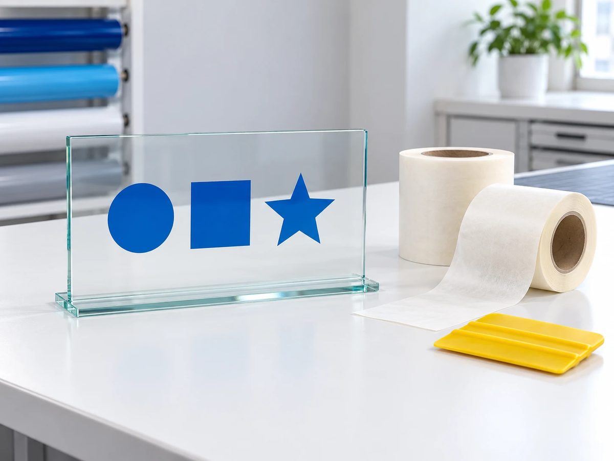 Finished blue cut vinyl circle, square and star on a clean glass sign in a bright signmaking workspace