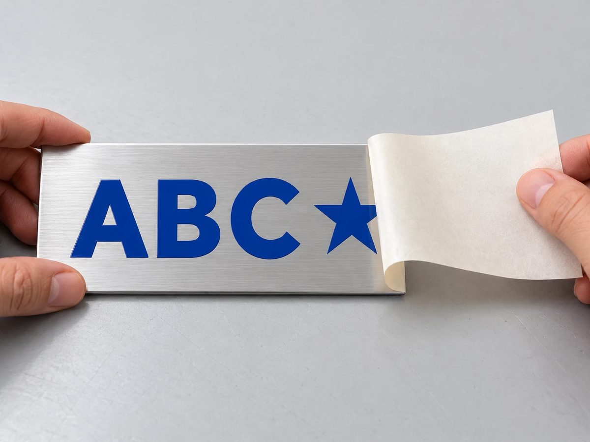 Thin off-white transfer paper peeling back from a sign panel while blue vinyl graphics remain on the surface