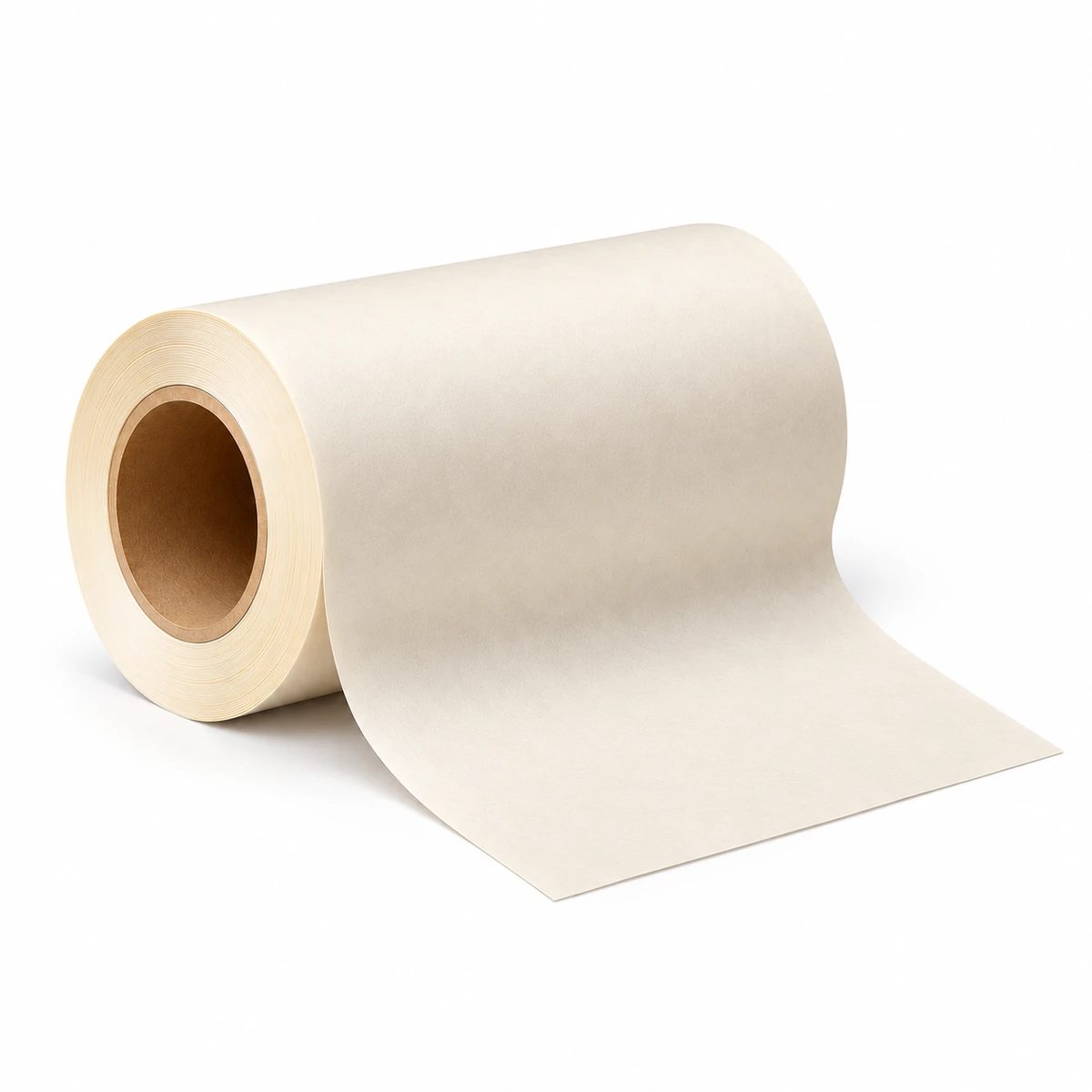 Off-white paper transfer tape roll with an unwound sheet on a white background