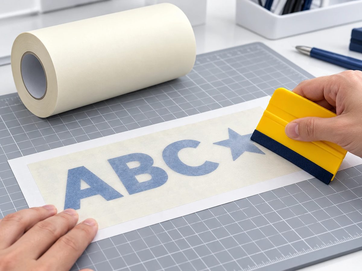 Hands pressing off-white paper transfer tape over weeded blue vinyl lettering with a squeegee